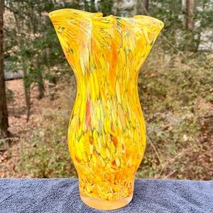 Large Murano style glass vase in bright yellow and orange colors, ruffled edge